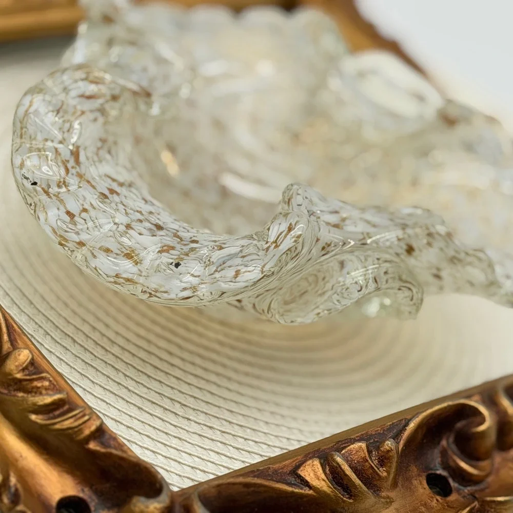 Vintage Hand Blown Art Glass Ruffled Bowl White Gold Fleck Splatter Murano Style
